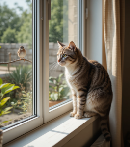 Alert domestic cat guarding a cozy home from a windowsill.