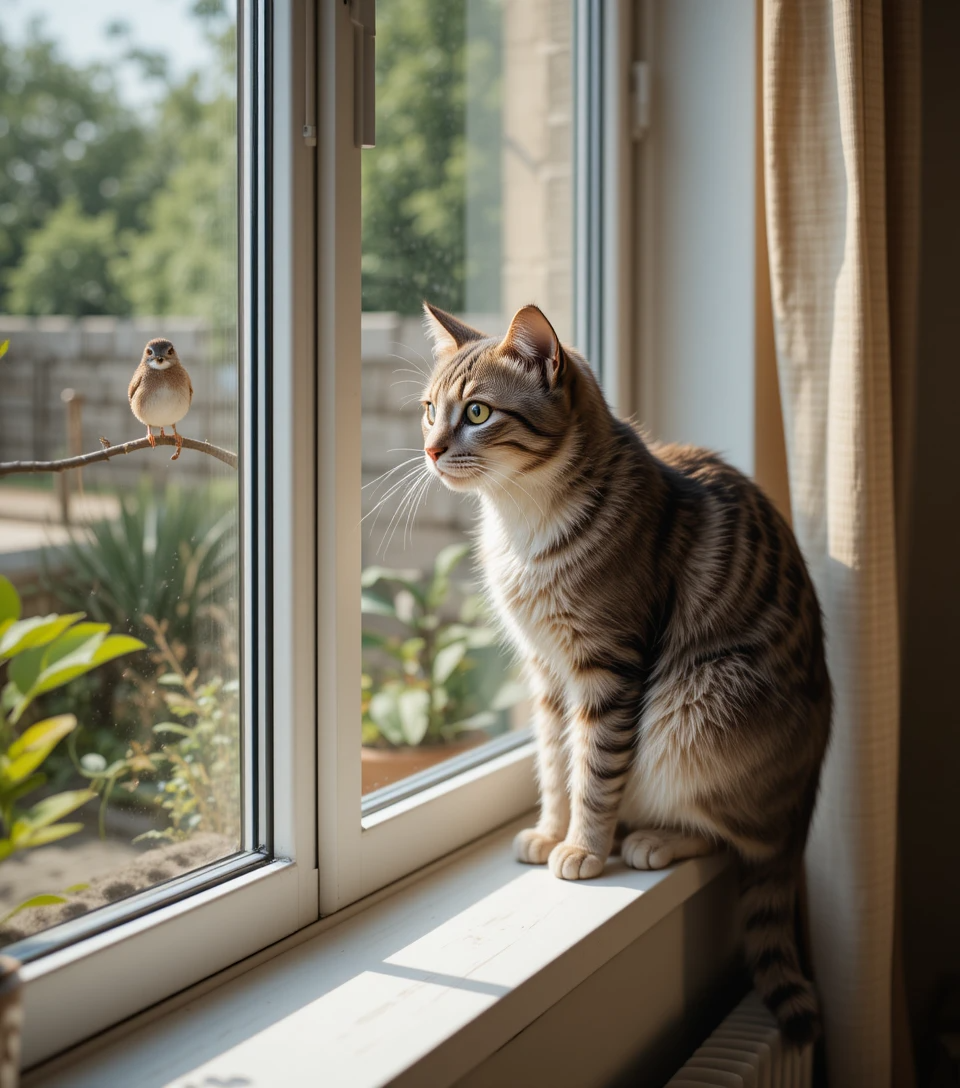 Alert domestic cat guarding a cozy home from a windowsill.