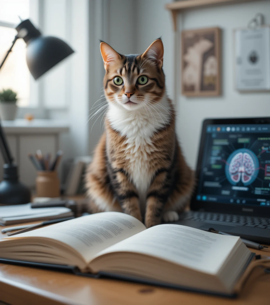 A cat sits near a brain diagram on a laptop, symbolizing animal emotional intelligence.