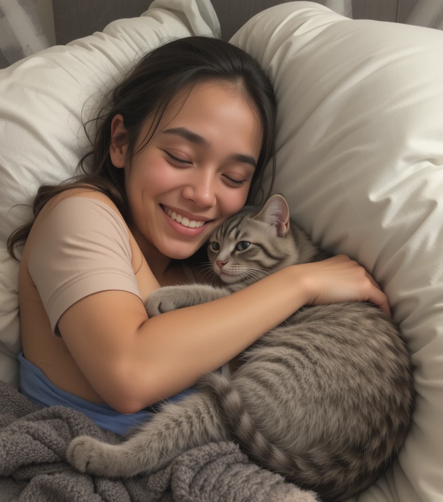 Happy pet owner snuggling with their cat in bed