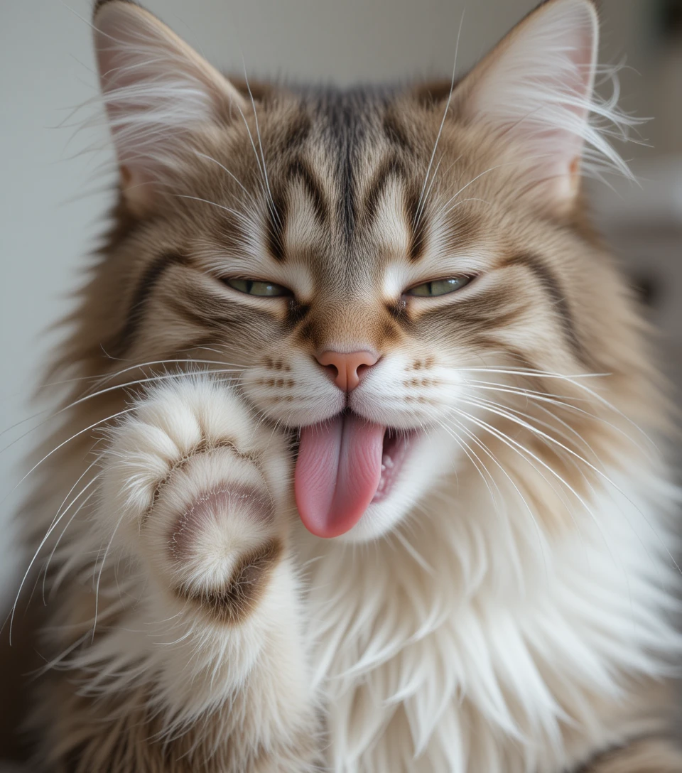 Cat using paw to clean face during self-grooming