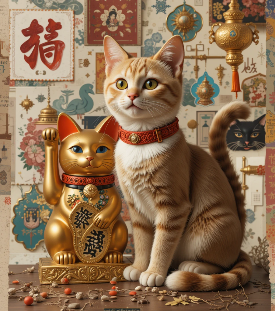 Japanese Bobtail cat and Maneki-neko symbolizing good fortune