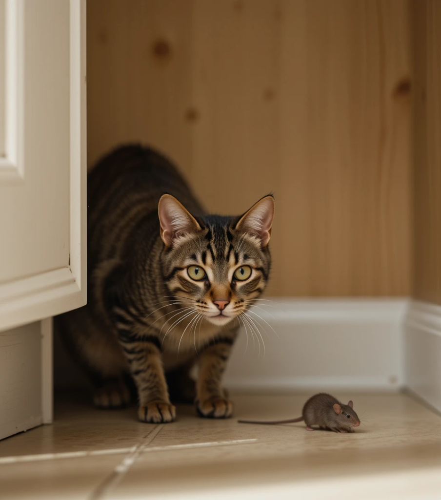 Cat stalking a mouse in a clean household kitchen.