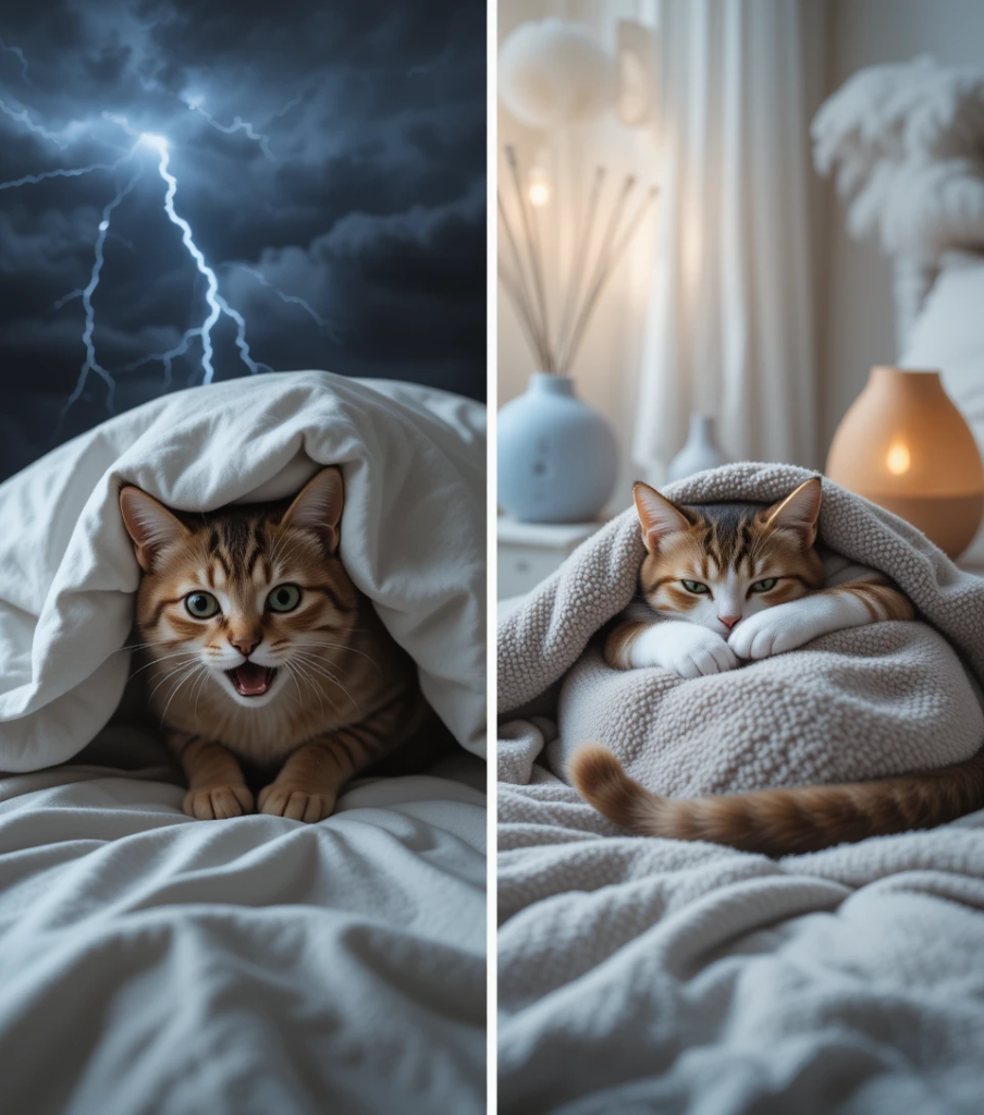 A split image of a cat experiencing fear during a storm and calm in a cozy space.