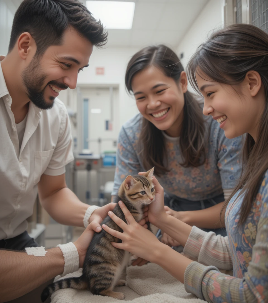 Family adopting a hooked-tail kitten from a pet shelter