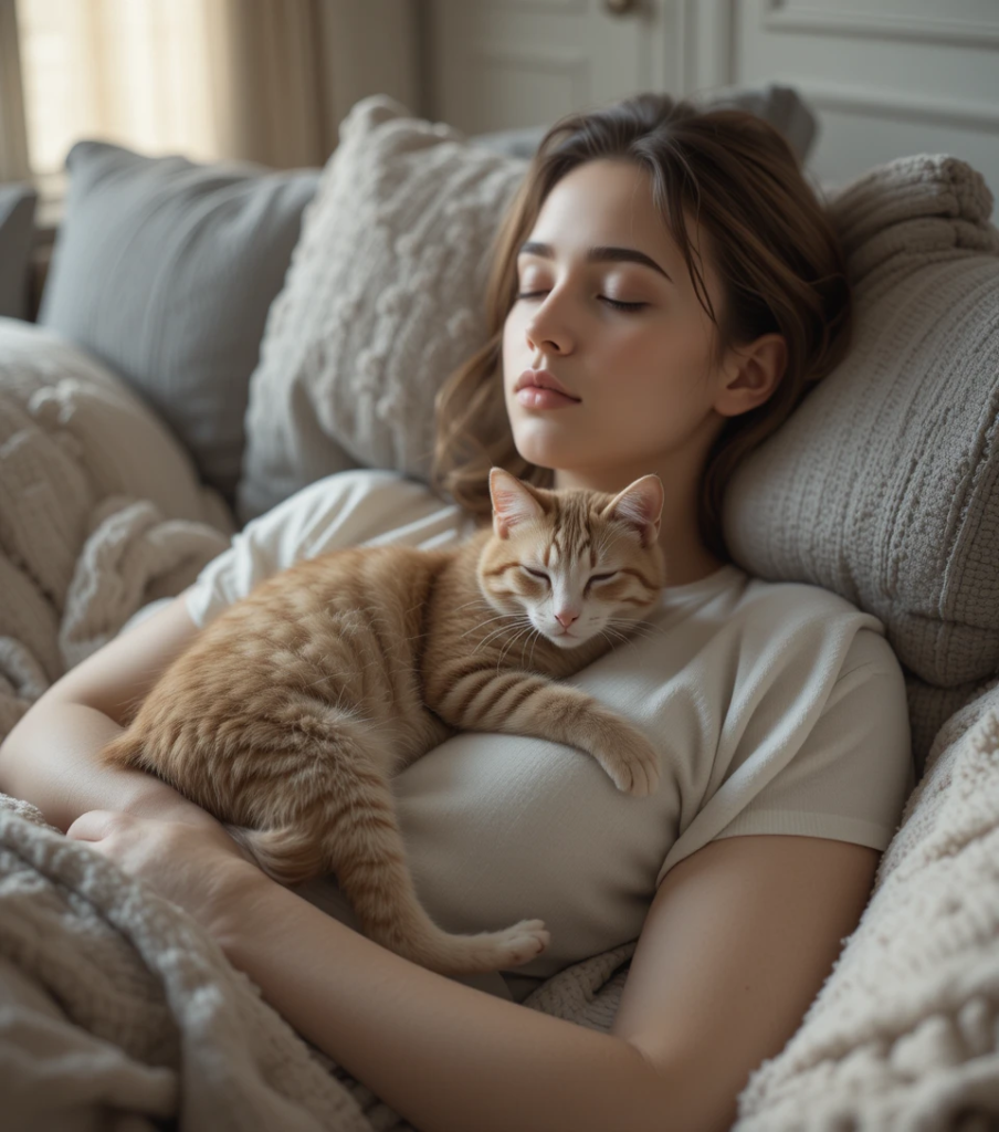 Person peacefully resting with a cat on their lap.