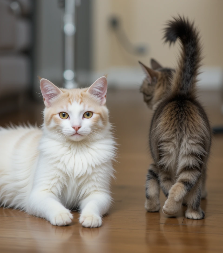 Two cats showing calm and neutral body language while adjusting to each other.