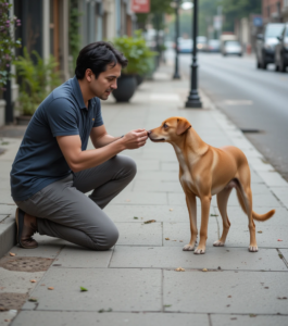 Person gently offering a treat to a cautious stray dog on a quiet street
