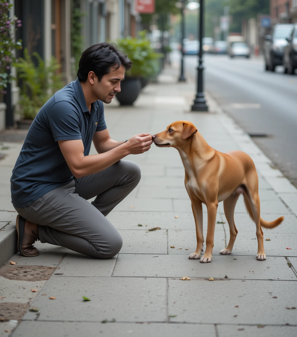 Person gently offering a treat to a cautious stray dog on a quiet street