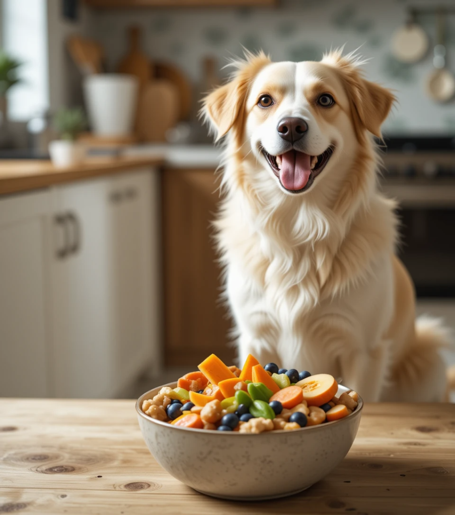 Healthy dog sitting by a bowl of colorful fruits and vegetables