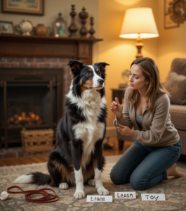 Border Collie responding to hand gesture and verbal cue surrounded by labeled objects
