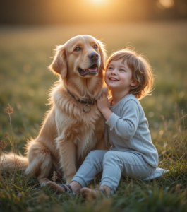 A loving dog and child sharing a tender moment outdoors during sunset.
