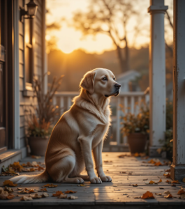 Lonely dog sitting on a porch at sunset with a sad, reflective gaze