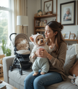 Woman holding a dressed-up dog like a baby in a cozy living room
