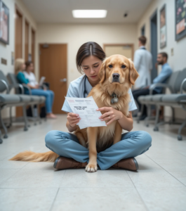 Distressed dog owner holding their golden retriever at a veterinary clinic, facing an overwhelming vet bill.