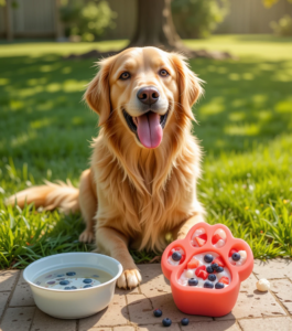 Golden retriever enjoying a frozen summer dog treat outdoors in the sun
