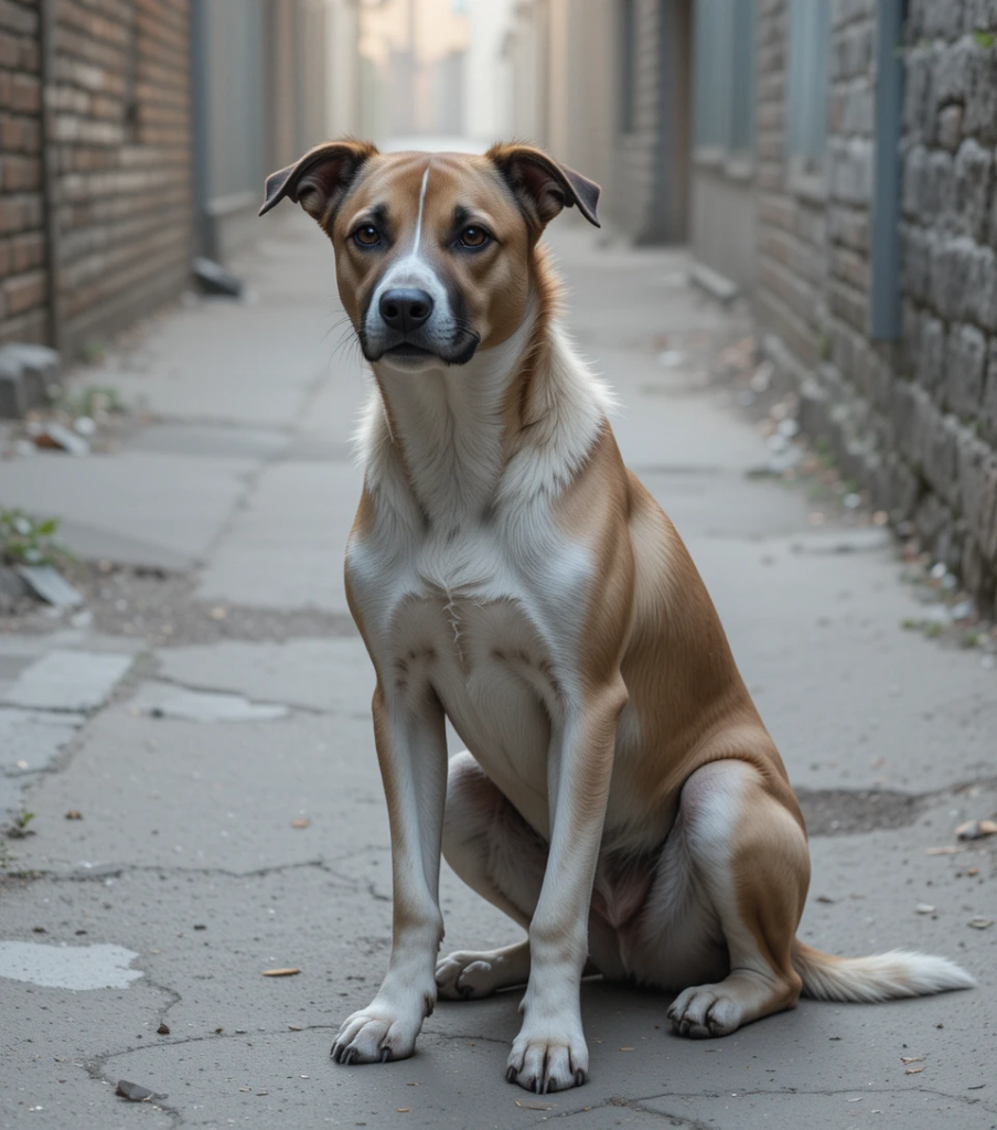 Stray dog in an alley showing nervous body language.