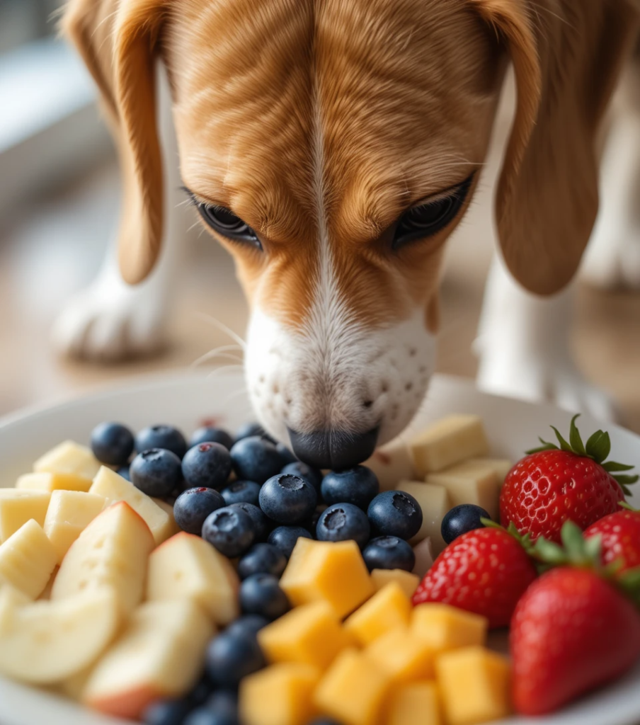 Dog sniffing a plate of fresh, safe fruits