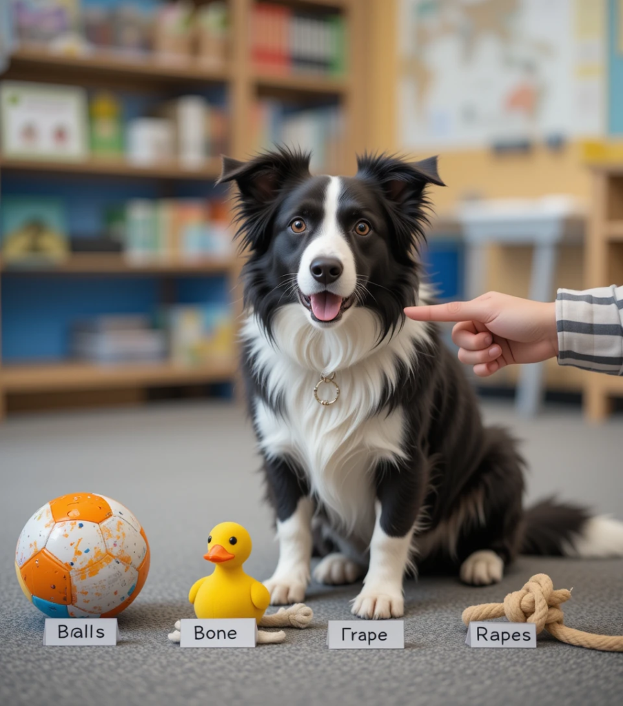Border Collie identifying toys based on commands.