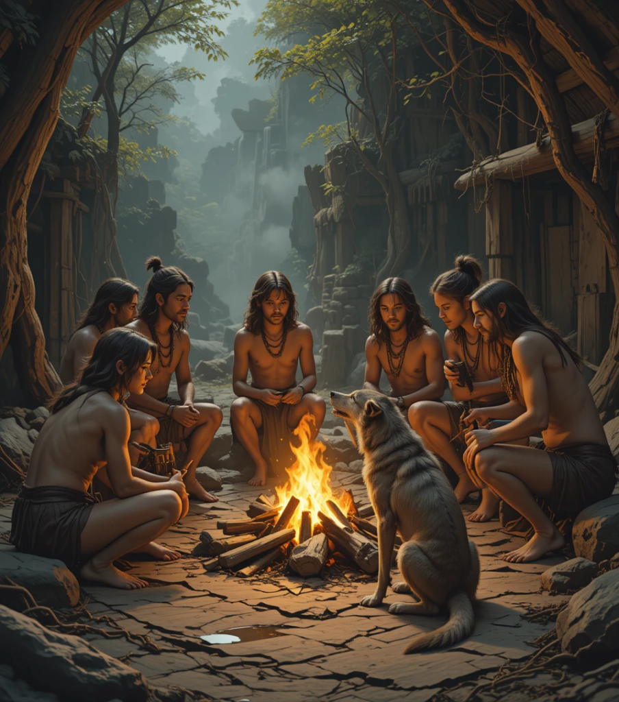 Early humans and a wolf-like dog sitting together around a fire