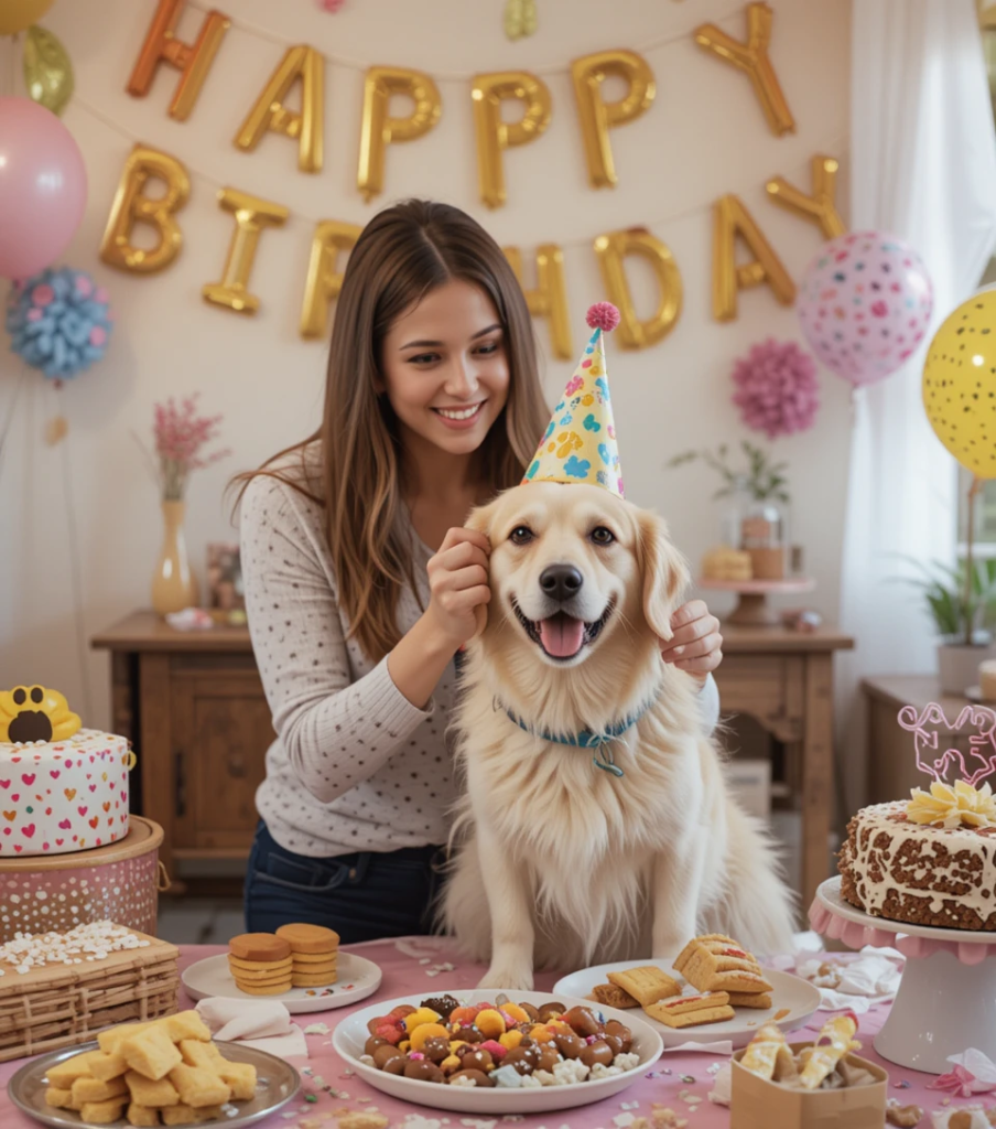 Dog birthday party with owner placing hat on pet