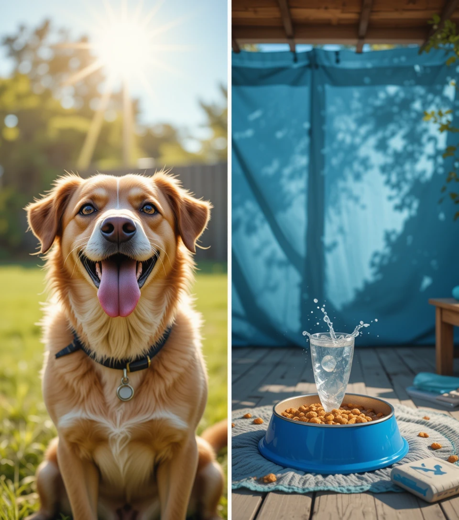 Dog seeking relief from summer heat with water and shade