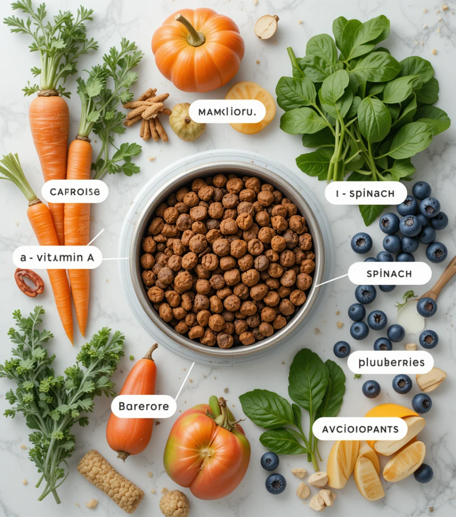 Labeled fruits and vegetables showing nutrients for dogs