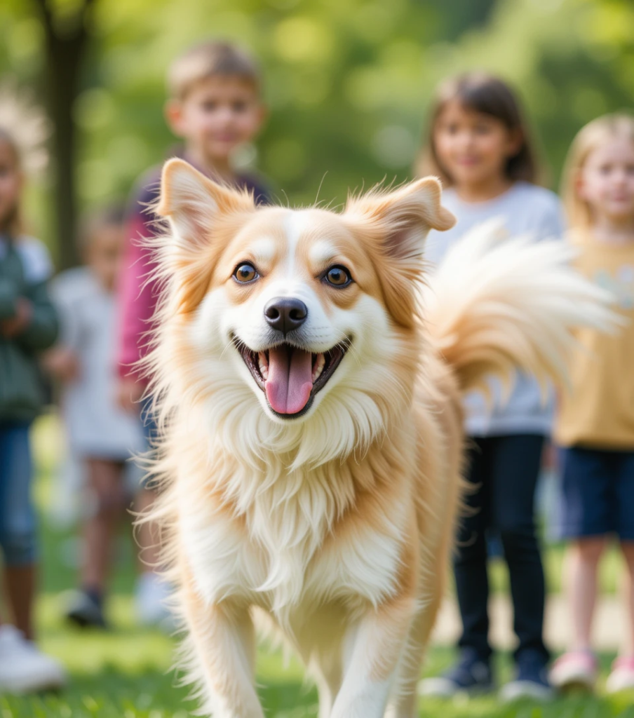 Dog wagging tail playfully in the park.