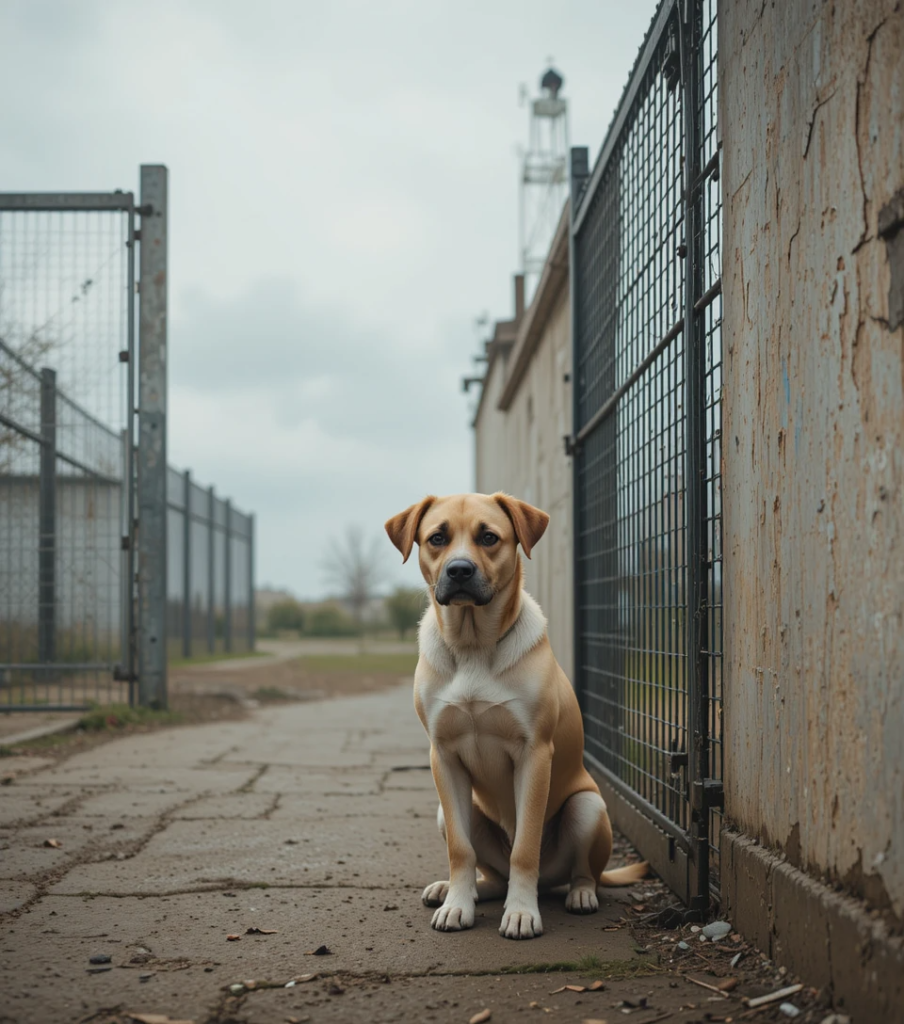 Sad dog sitting alone outside a shelter under a cloudy sky
