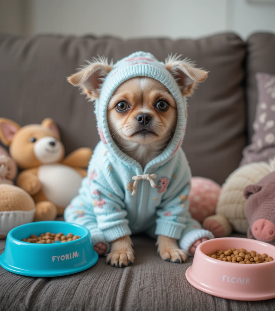 Dog in baby clothes appearing confused at home