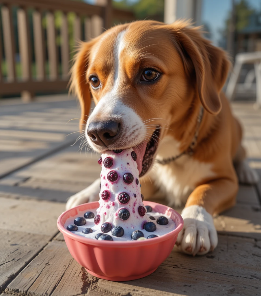 Dog enjoying a frozen summer treat in a KONG toy