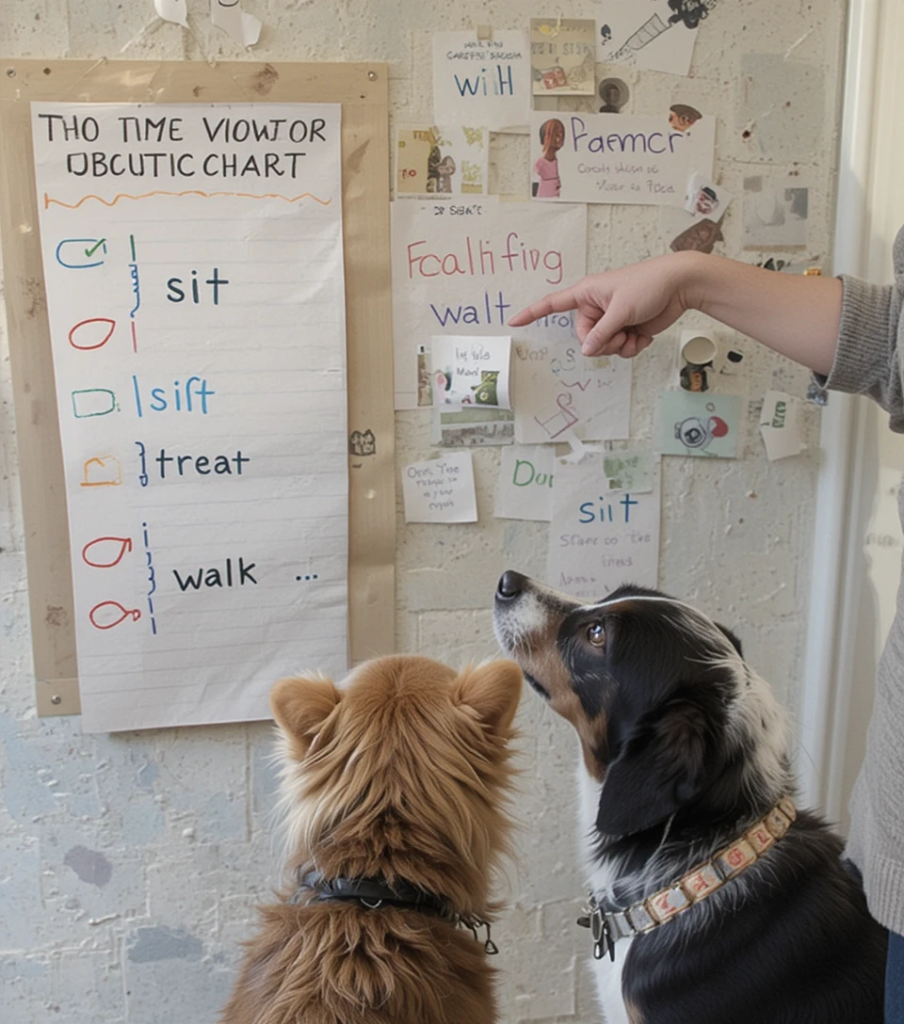Dog looking at a training chart displaying words it can learn