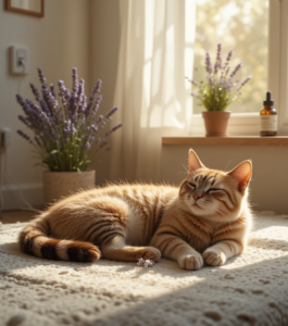 Calm domestic cat surrounded by natural anti-anxiety remedies in a cozy home