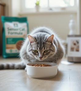 Senior cat eating healthy food from a ceramic bowl in a cozy kitchen setting.