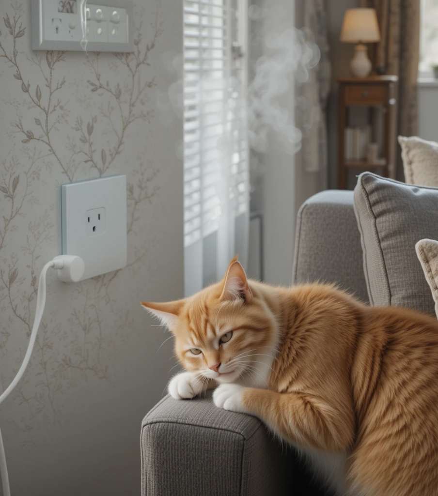 Cat relaxed near pheromone diffuser in home.