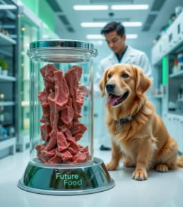 Golden Retriever next to lab-grown meat samples in a modern pet food laboratory.