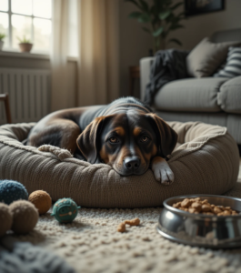 A sad dog lying quietly on a bed, showing signs of depression and emotional fatigue.