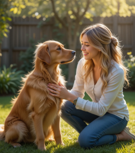 Golden retriever making eye contact with its owner in a sunny backyard, showing relaxed body language and mutual affection.
