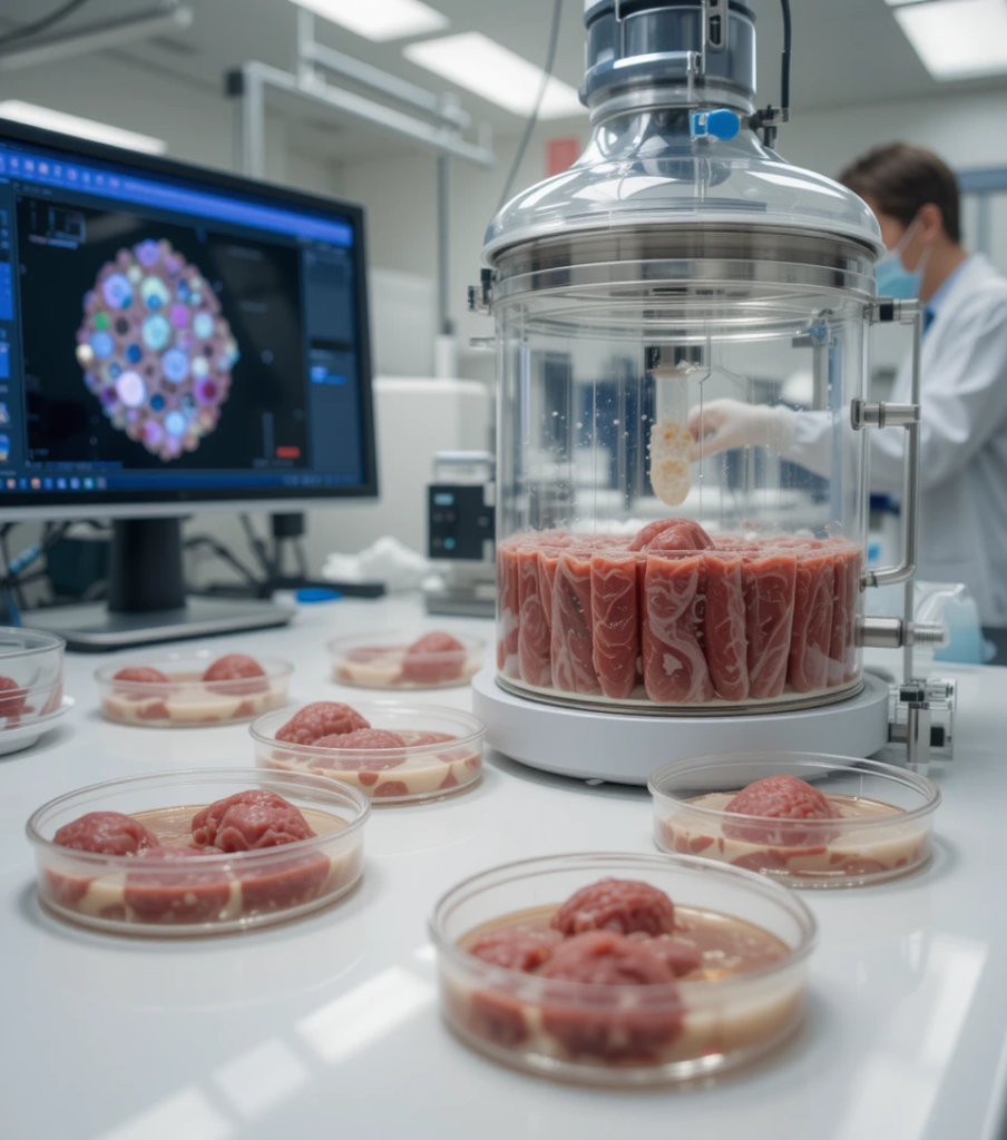 Lab setting with cultured meat samples and bioreactor.