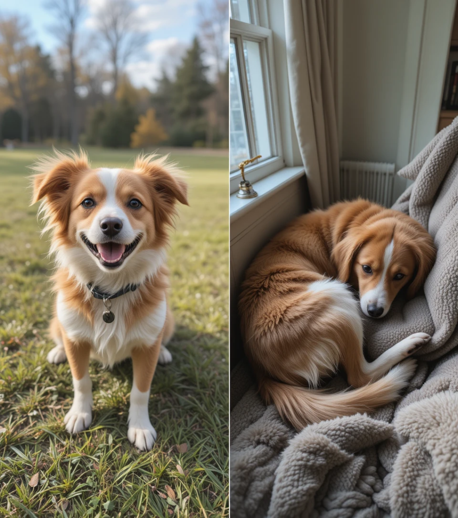 Comparison of a playful dog and the same dog looking depressed indoors.