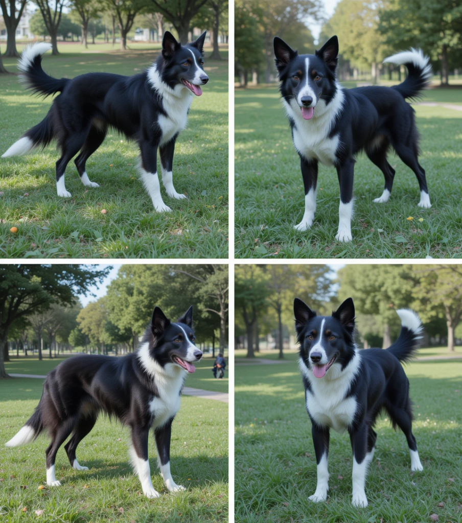 Three dogs displaying different body language cues: relaxed, alert, and stiff postures.
