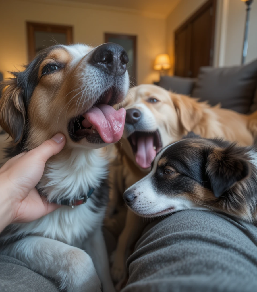 Dogs displaying non-verbal cues like licking, yawning, and nudging in a cozy home.