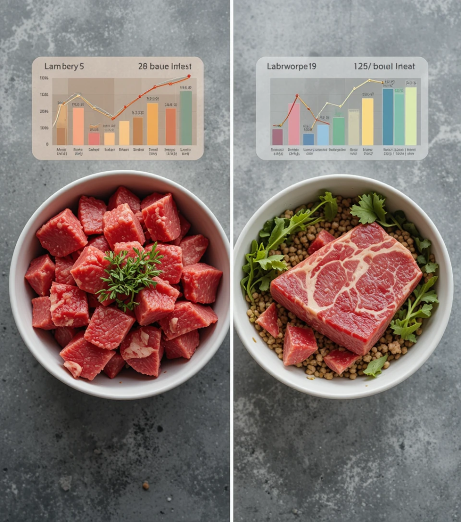 Dog food comparison with nutritional breakdown.